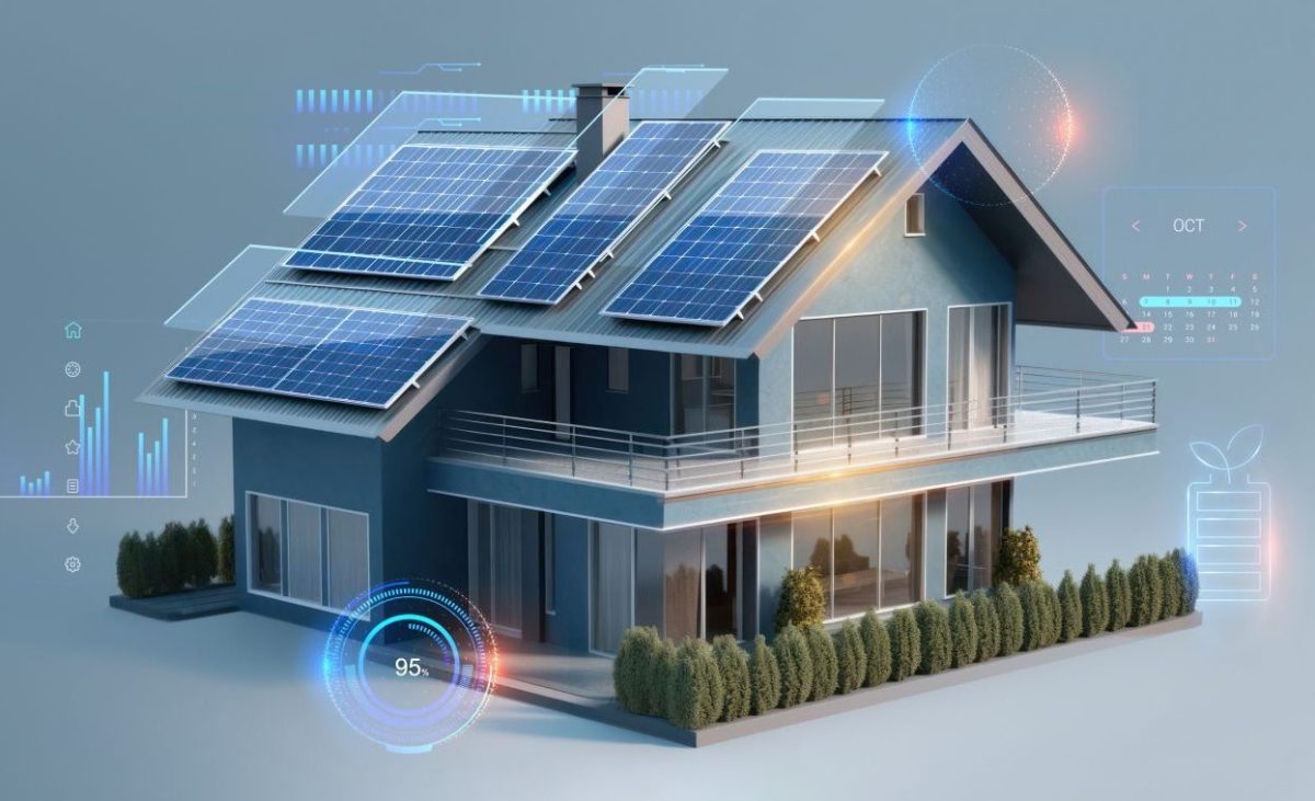 futuristic generic smart home with solar panels rooftop system for renewable energy concepts as wide banner with copyspace area - Generative AI